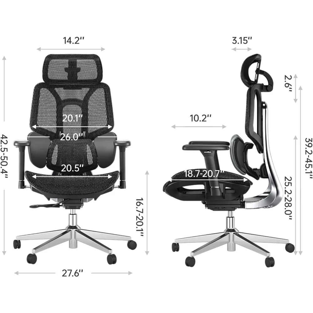 Ergonomic Office Chair with 3-zone dynamic lumbar support, 3D adjustable headrest, 3D adjustable armrest, black (no footstool)