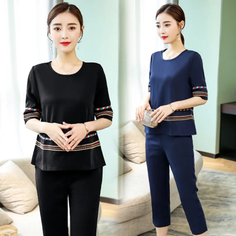 

Fashionable Short Sleeve T-Shirt Set Casual Sportswear for Middle-Aged And Elderly Women Loose plus Size round Neck Top