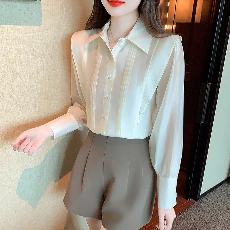 

2025 Autumn New Women's Solid Color Shirts Chic Folds Fashion Ladies Blouses Casual Female Tops Blusas Mujer