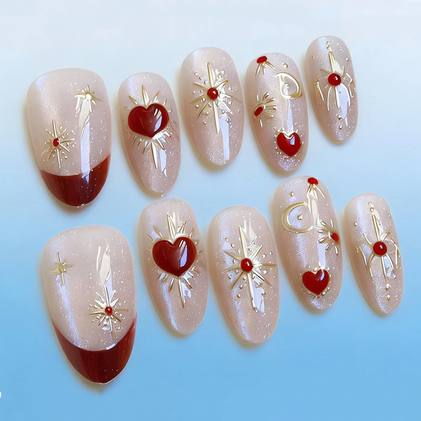 10pcs Middle Oval Red Heart Baroque Style Fake Nails Press On Woman Almond Cat Eye False Nails Reusable Adhesive Nails Tips