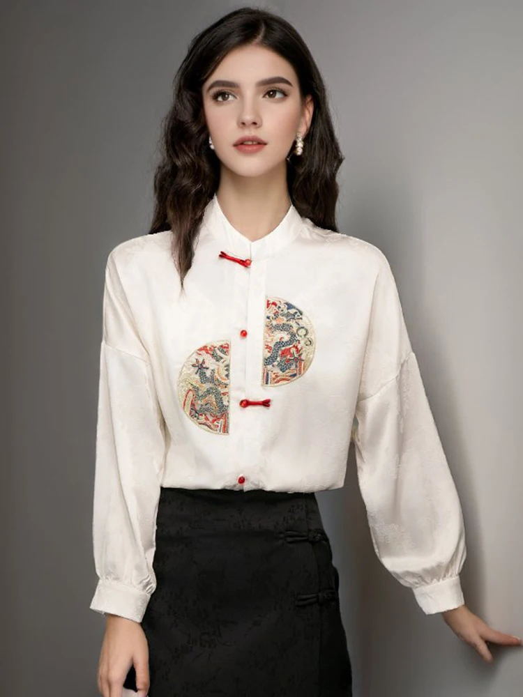 New 2024 Spring Women Shirts & Blouses New Chinese Style Long Sleeve Vintage Embroidery Women Clothes Stand Collar White Shirt