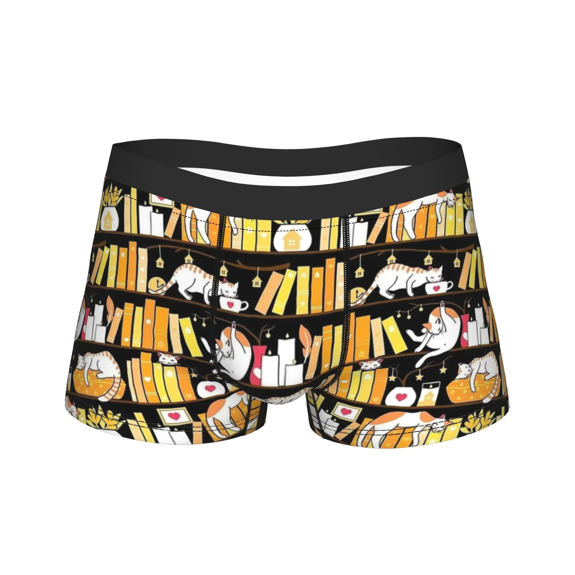 Library Cats Golden Sunshine Underwear  Comfortable Underpants Printed Boxer Brief For Men 3D Pouch Plus Size Boxershorts