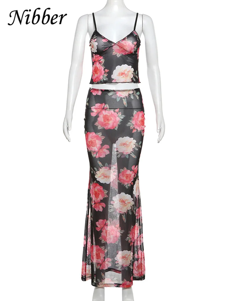 Nibber Floral Print Mesh Two Piece Set Women Elegant V-Neck Tanks+Side Split Slim Long Sheer Skirts Female Trend Outfit Suits - Image 6