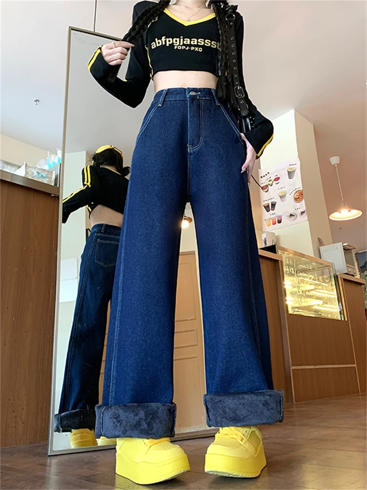 Plus Size Thiened Fce Gefütterte Denim-Jeans mit geradem Bein, hohe Taille, lockere Passform, schlankmachende Hose mit weitem Bein für Damen, Herbst, neue S...