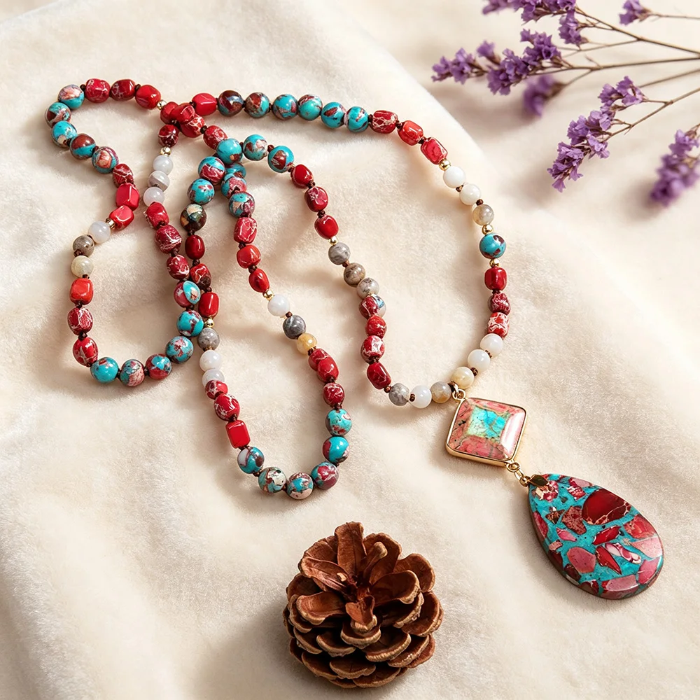 Handmade Mixed Composite Stone Beaded Long Necklace Square Teardrop Pendant Bohemian Women Daily Wear Statement Neck Jewelry