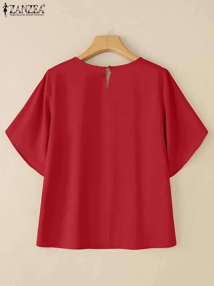 Элегантные летние рабочие блузки ZANZEA, офисные женские топы, стильная рубашка, повседневная блузка с круглым вырезом и коротким рукавом, однотонная свободная туника 2025