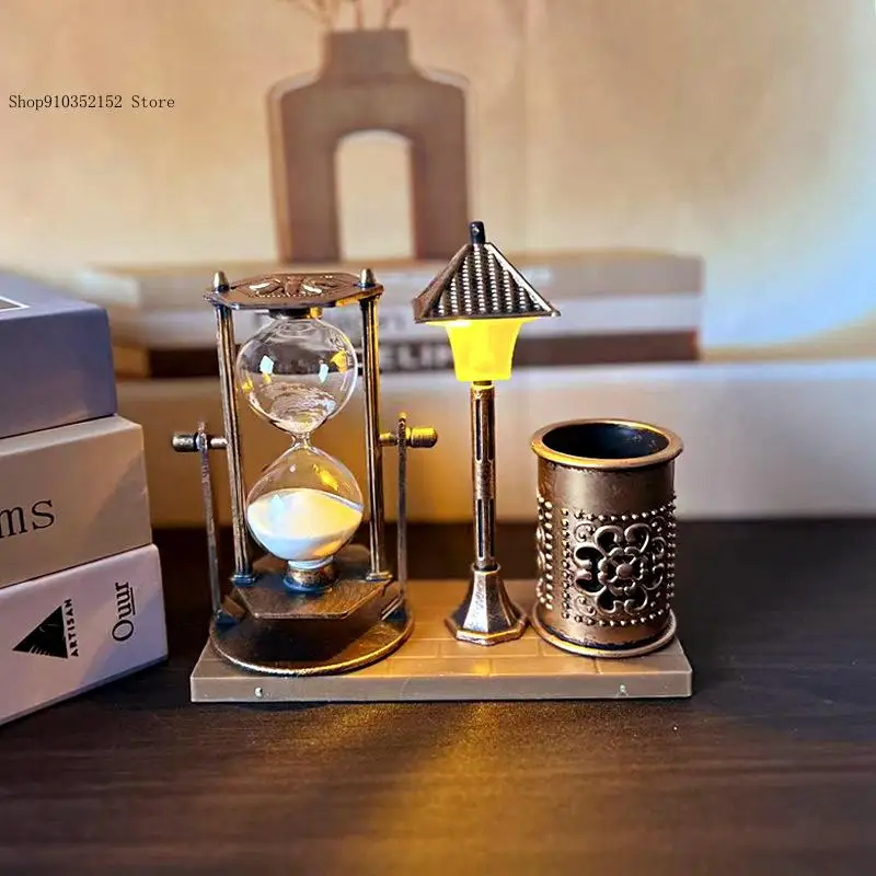 Retro Quicksand Street Lamp Pen Holder Color Changing Night Light Desk Ornament Thoughtful Gift for Student Office Workers