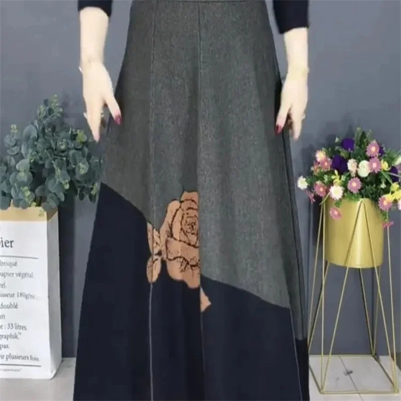 Spring Women Peony Knit Long Skirts Korean Ladies High Waist Sweater Maxi Skirt Autumn Female Patchwork Rose Print A-line Skirts