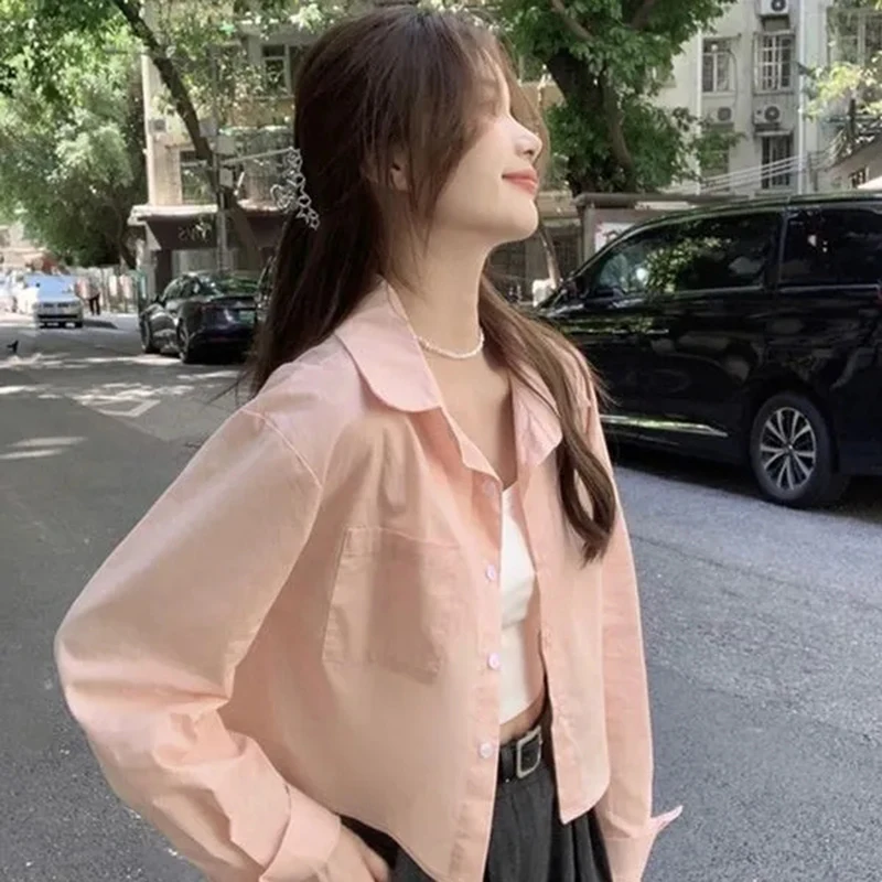 Pink Shirt Women Summer Fashion Casual Long Sleeve Crop Tops Korean Sweet Streetwear Chic Turn Down Collar Pink Blouse New