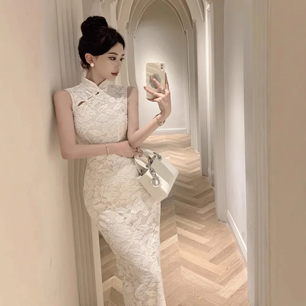 مثير جديد الصينية الرجعية أنيقة تحسين شيونغسام المرأة الصيف جديد الراقية تحسس Bodycon فستان الدانتيل الكاحل طول تنورة