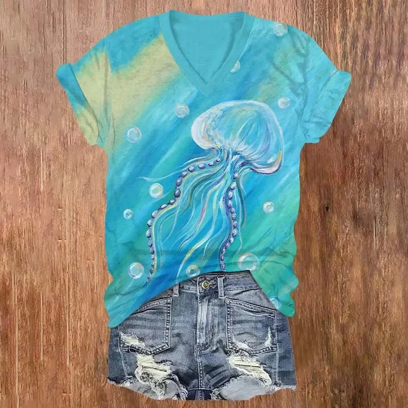 Oil Painting Bubble Jellyfish Art Print V-neck T-shirt Summer Women's T Shirts