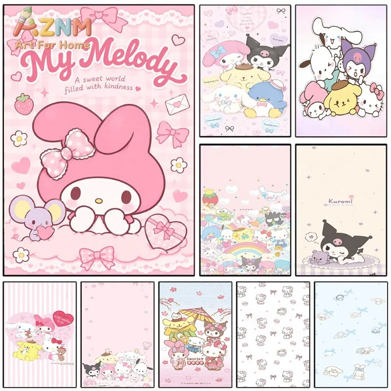 Sanrio My Melody Kuromi Cute Cartoon Canvas Wall Art No Frame Single Canvas Painting Poster Girls Bedroom Home Decor Art Print