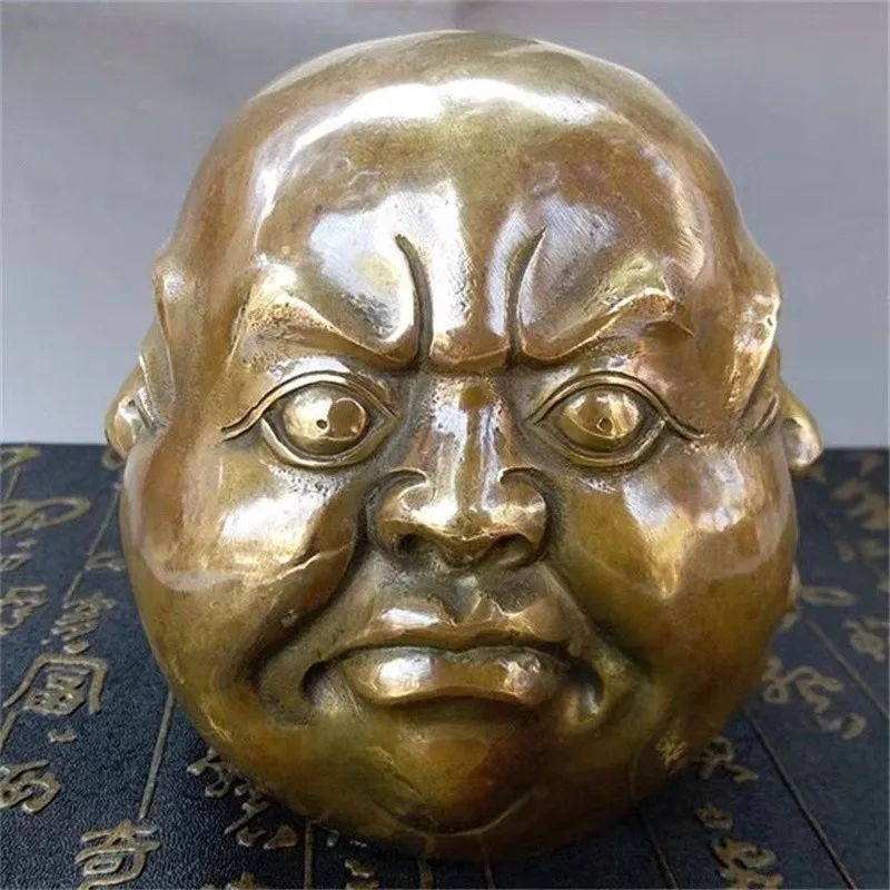 8cm old signed bronze Carved Buddhism Sculpture 4 Faces Buddha Head Statue