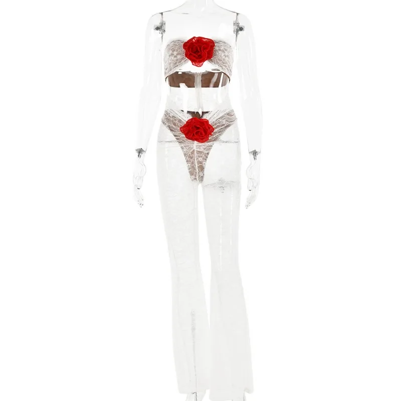 3D Flower Lace See Through Sexy Hollow Out Jumpsuit Women 2023 Autumn Sleeveless Strapless Bra High Waist Wid-leg Pants Clubwear