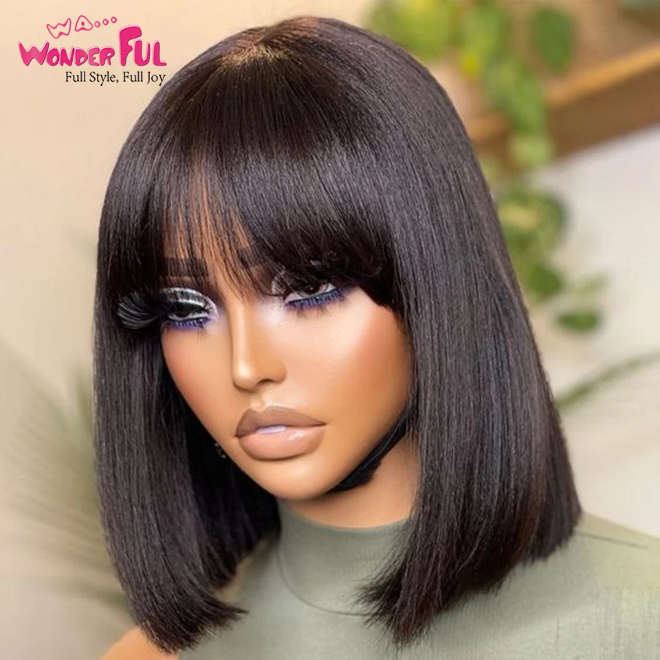 Brazilian Remy Hair Natural Short Straight Bob With Bangs 100% Human Hair Wigs For Black Women 180%D  Full Machine Made Wigs