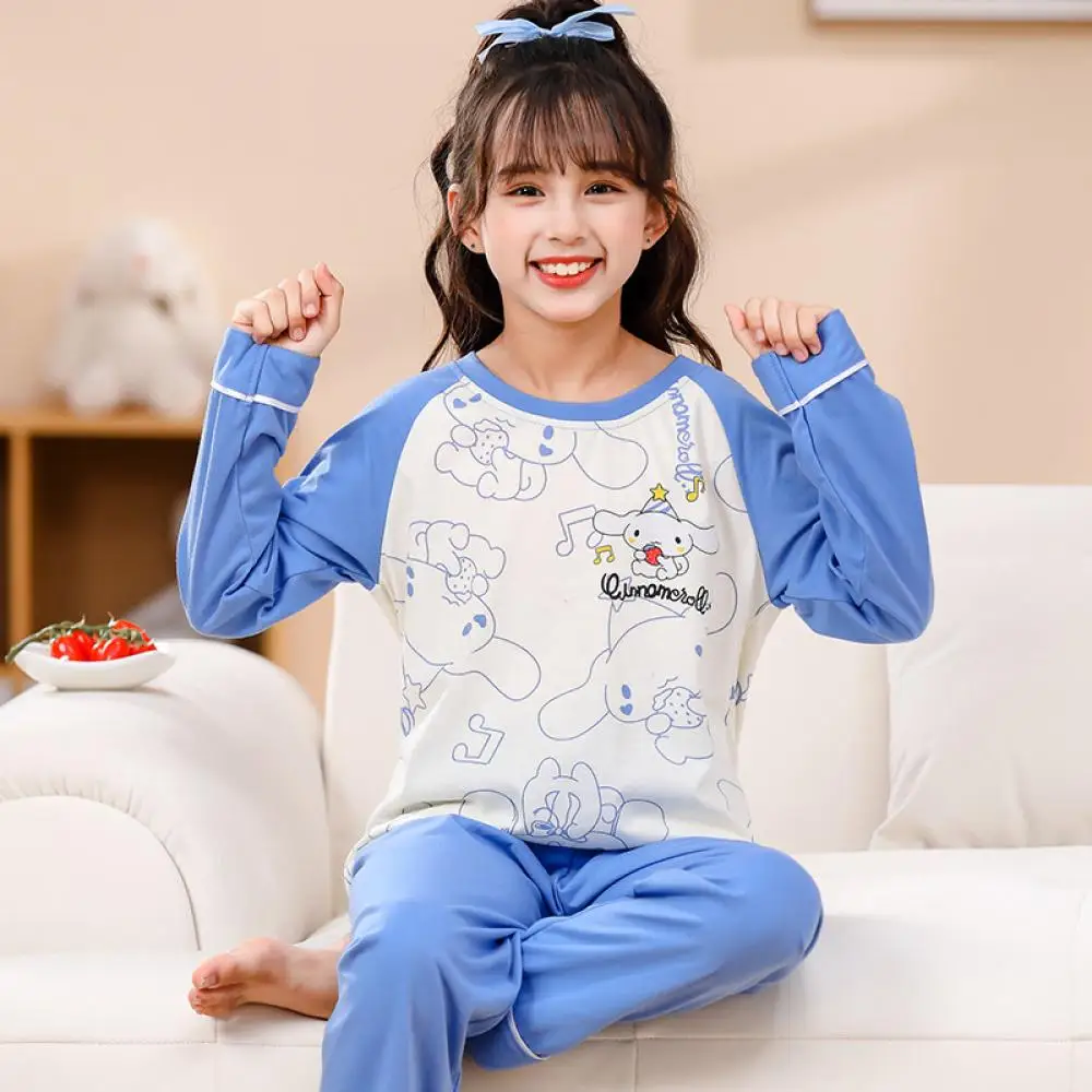 

Милый детский пижамный костюм Cinnamoroll в стиле аниме Kuromi, хлопковая ночная рубашка Sanrio для девочек, детские топы с длинными рукавами с героями мультфильмов, брюки, домашняя одежда