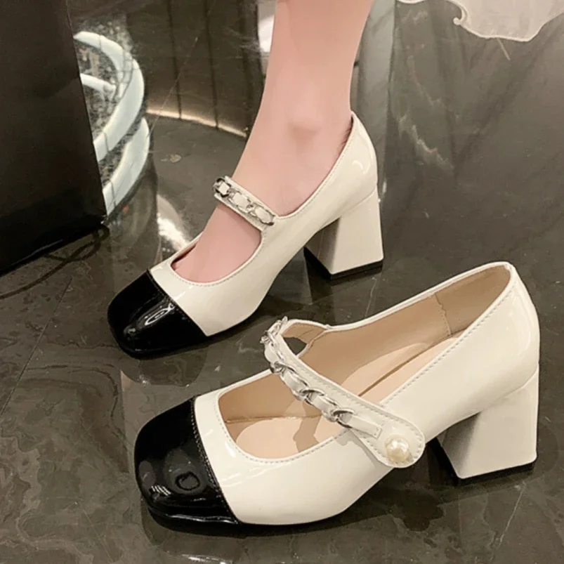 

2025 Spring and fall new Korean fashion high heels square and Mary Jane Asaguchi work women's shoes