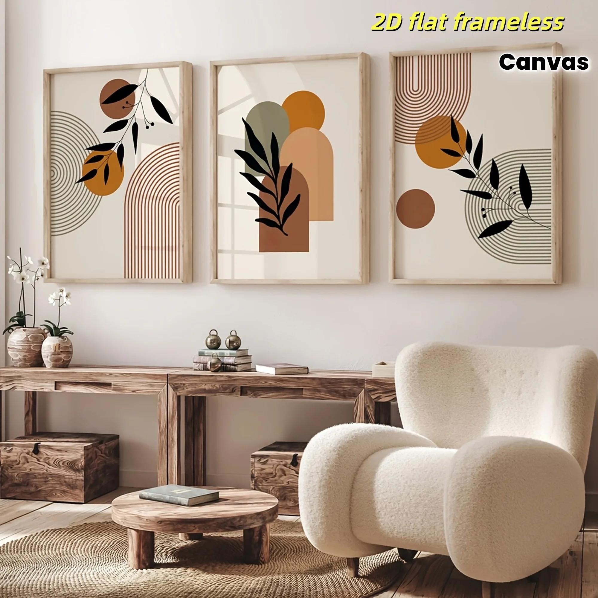 Retro schwarzes Blatt mit geometrischen Kurven, Bohemian-Pflanzenkunst-Leinwandposter, moderne Büro- und Schlafzimmerdekoration, 2D-Flachdruck, rahmenlos