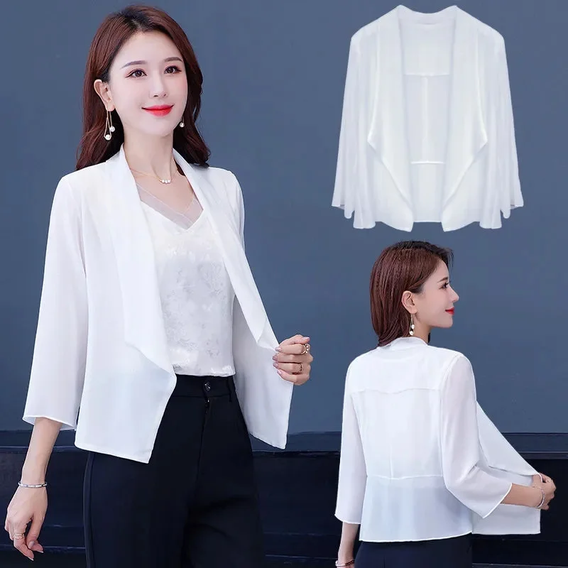 2024 Women Summer Jacket New Fashion Solid Color Loose Thin Chiffon Short Blazers Lady Sunscreen Clothes Female Casual Tops Coat