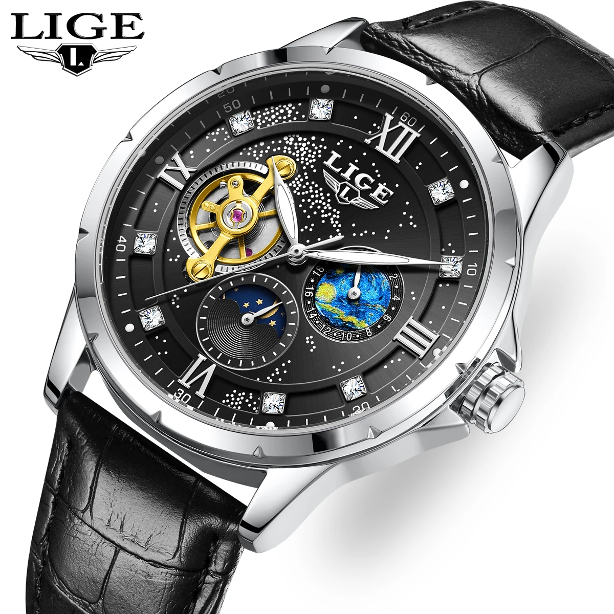 

LIGE men's watch leather casual fashion business waterproof luminous mechanical watch sports moon phase watches for men reloj