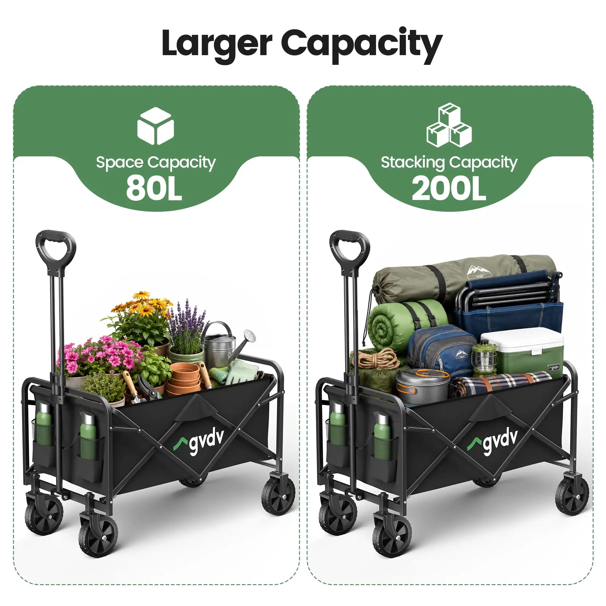 Collapsible Folding Utility Wagon 360lbs Heavy Duty All-Terrain Wheels Portable Cart for Beach Camping Shopping Sports Black