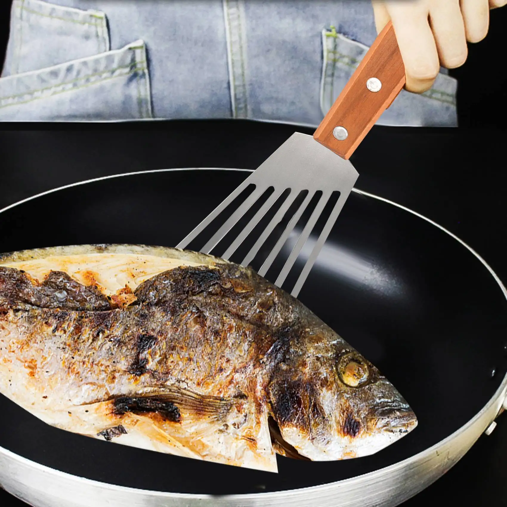 A88M Лопатка для рыбы из нержавеющей стали, Лопатка для рыбы с деревянной ручкой, Токарный станок с прорезями, Кухонная металлическая лопатка для переворачивания жарки