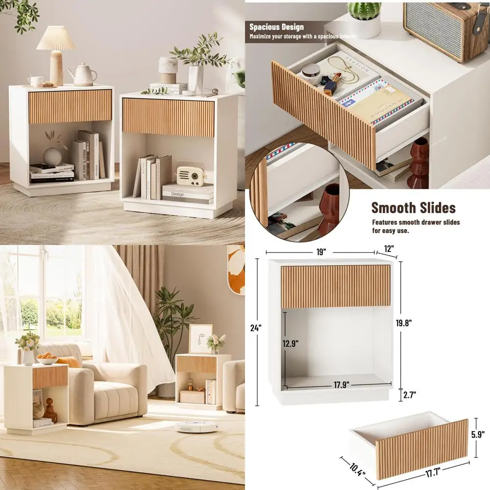 

Pair of Modern Fluted Nightstands with Drawer and Shelf, Mid-Century Style Wood Bedside Tables