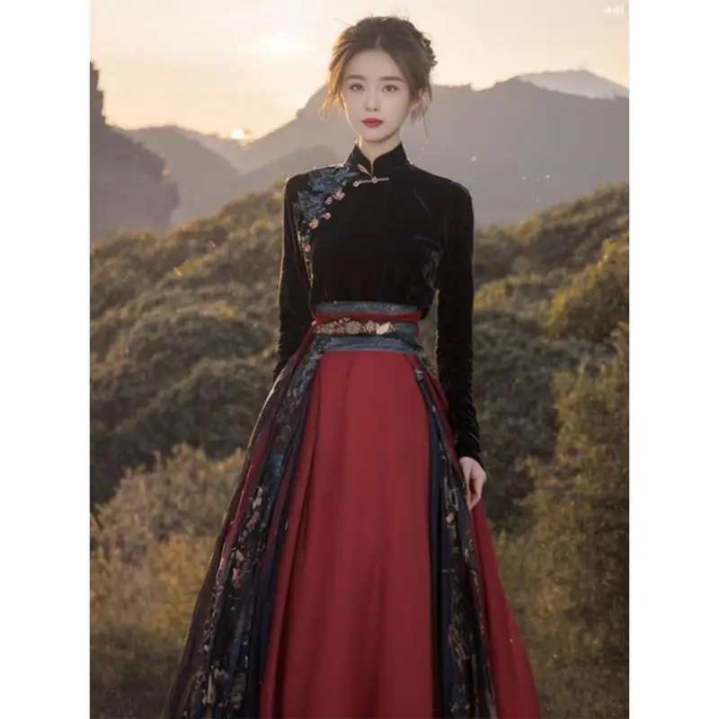 

Новая бархатная куртка в китайском стиле Hanfu, элегантный комплект красной лоскутной юбки в виде лошади