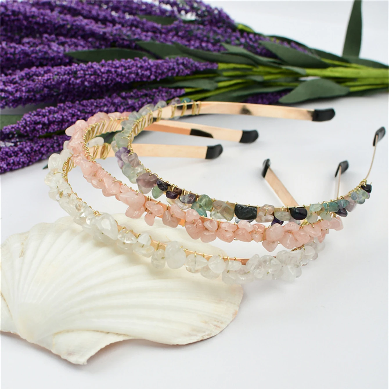 Rose Quartz Headband Amethyst Hair Accessories Raw Crystal Quartz Hair Tiara Colorful Spiritual Crystal Beads Headband for Girls