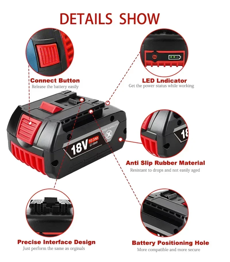 Nové pro BOSCH 18V 10.0AH profesionální lithium-iontová baterie Bosch BAT609 BAT609G BAT618 BAT618G dobíjecí baterie pro elektrické nářadí - náhled 2