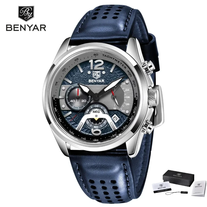BENYAR BY-5171M Men Quartz Chronograph Watch Tachymeter Bezel Perforated Genuine Leather Strap Racing Sport Male Wristwatch