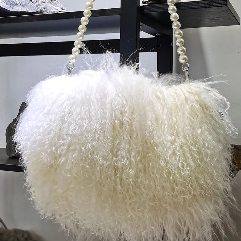 High Quality Soft Real Fur Pearl Chain Shoulder Bag for Women Designer Purses and Handbags Women\'s Party Clutch Crossbody Bag Hi