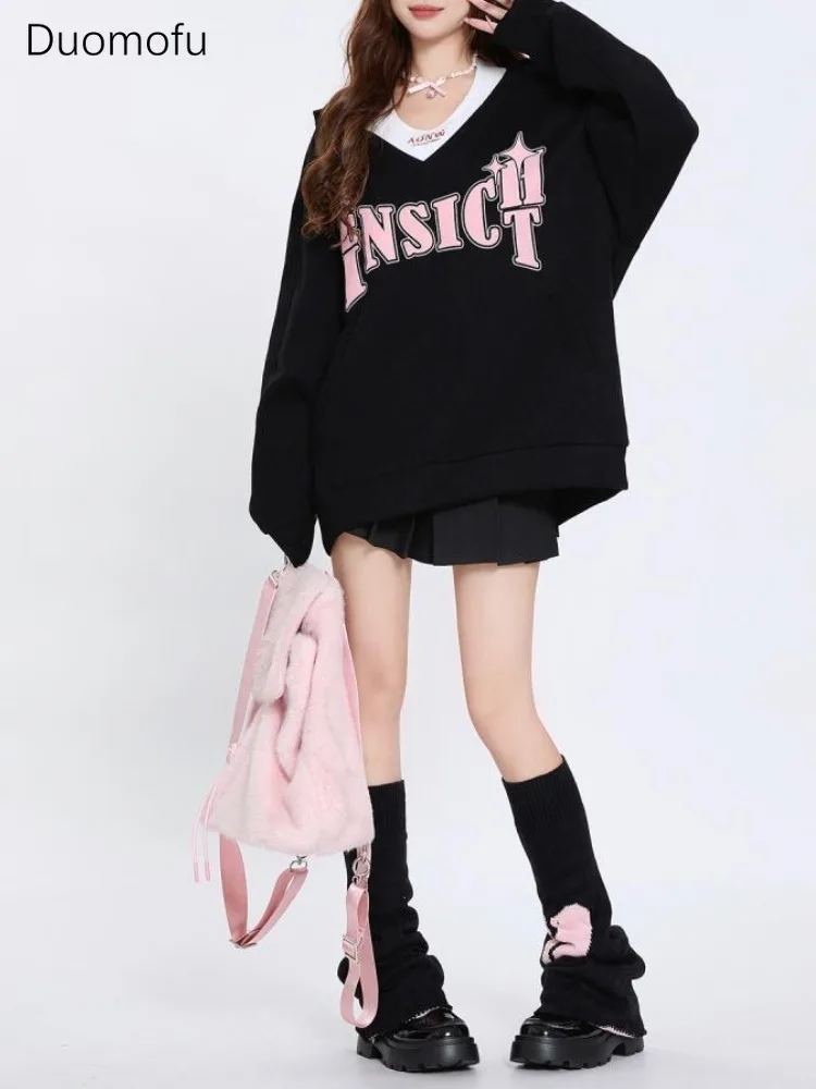 Duomofu Y2k Egirl Letter Black Sweatshirts Sets Women Korean Style Two Pieces Hooded Pullover Harajuku Streetwear Oversize Tops