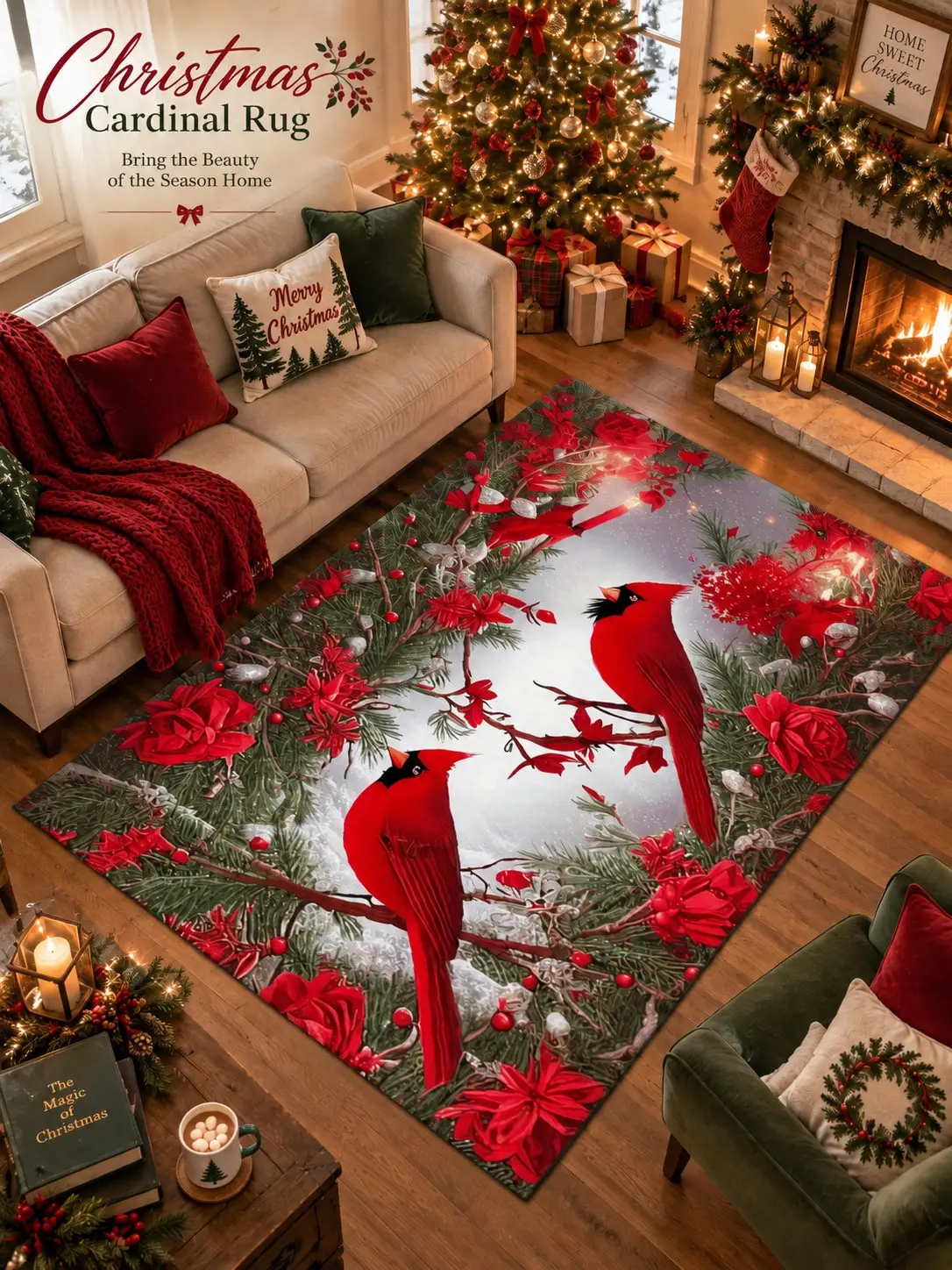 Christmas Rug Cardinal Flowers Pine Branches Floor Decor Carpet Living Room Bedroom Dining Area Entryway Apartment Cabin Winter Home Styling Beside Sofa Armchair Housewarming Birthday Gift for Birdwatchers Family Friends Sisters Holiday Gatherings