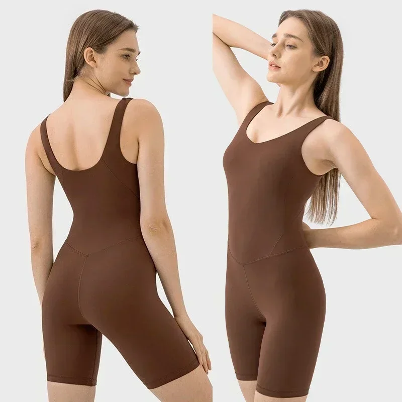 

Lemon Nylon Padded Push Up Gym Clothes Fitness Short Bodysuit Sleeveless Workout Sportswear Jumpsuits Women's One-Piece Yoga Set