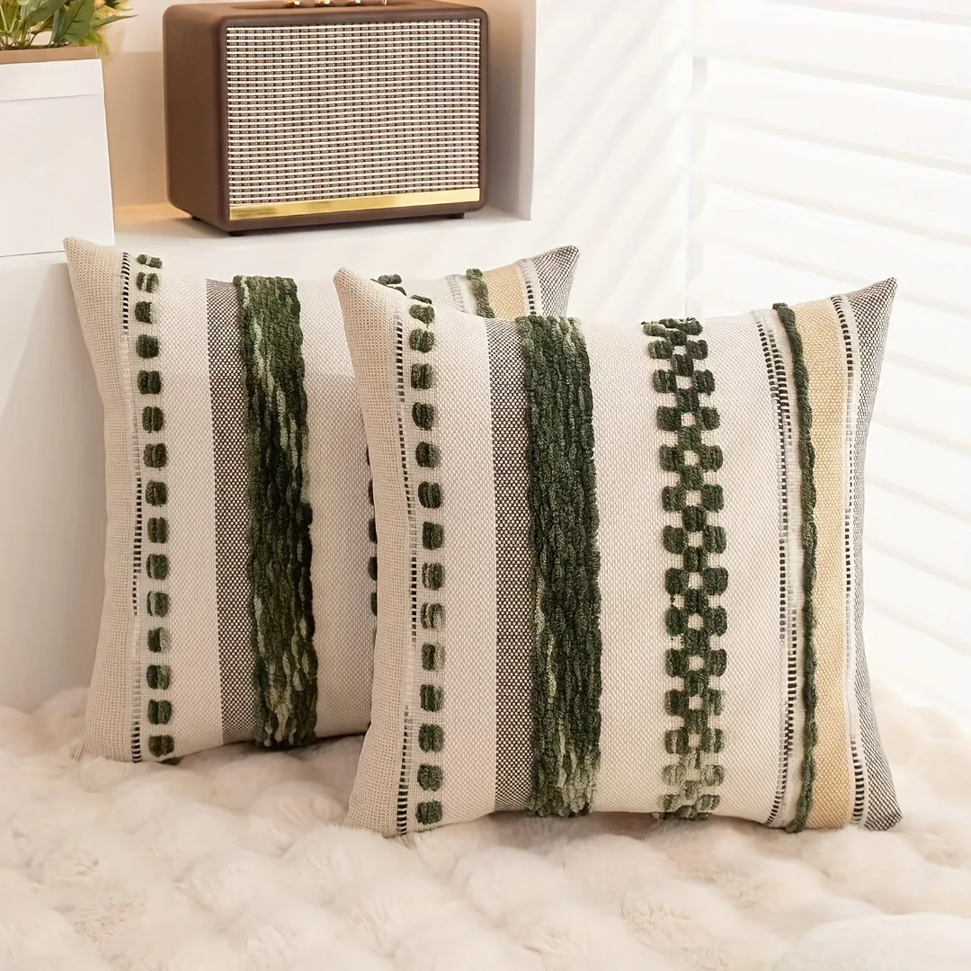 Boho Throw Pillow Covers 2pcs Farmhouse Decorative Striped Square Pillow Covers Chenille Tufted Pillow Cases Accent Neutral