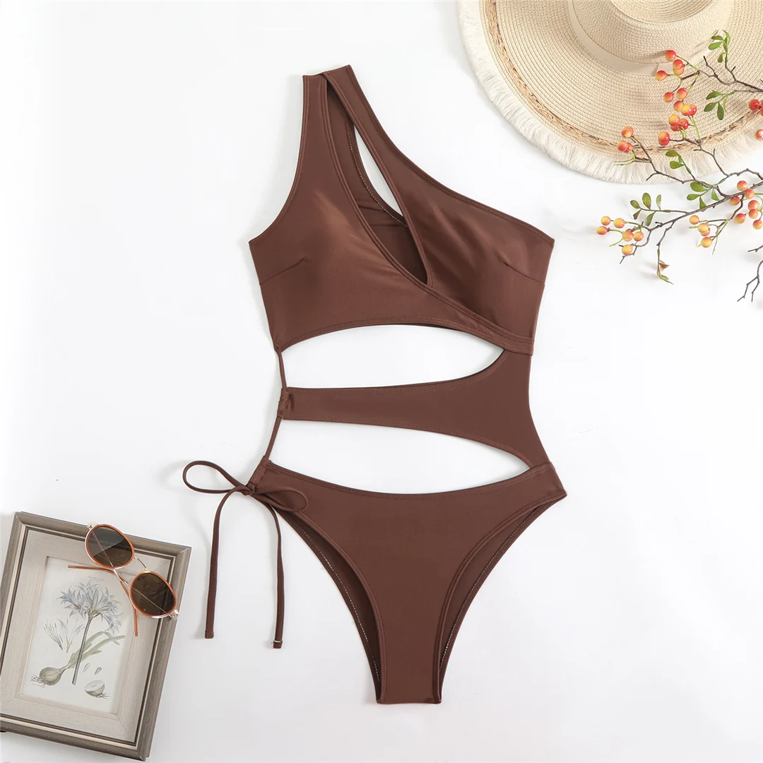 Asymmetrischer Badeanzug mit Cut-Outs und einem Schulterträger, einteiliger Badeanzug für Damen, Monokini mit hohem Beinausschnitt, Badebekleidung, Badeanzug, Modell V6254. – Detail 27