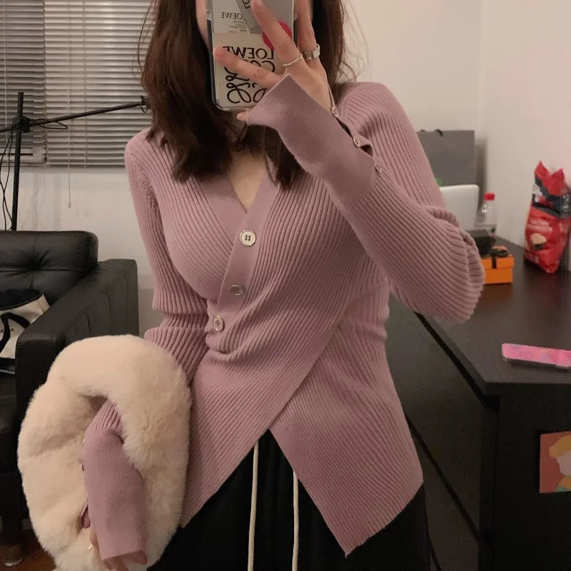 Women Autumn Winter New Irregular V-neck Sweater Trendy Sweet Waist Slim Fit Pullover Knit Shirt Solid Button Long Sleeved Tops