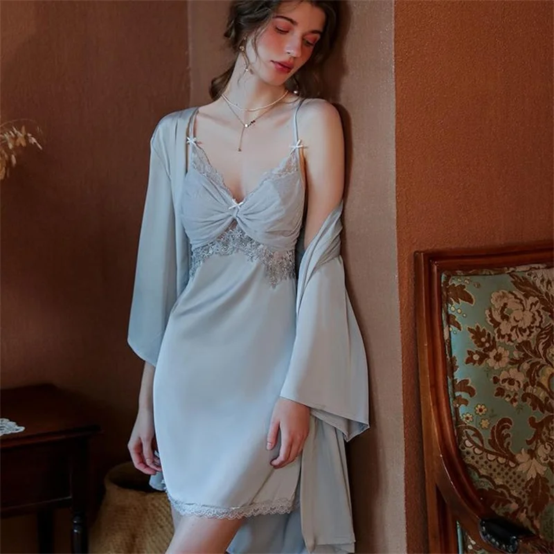 

New Suspender Lace Silk Kimono Bathrobe Women Pajamas Bride Bridesmaid Wedding Robe Set Sleepwear Casual Home Clothes