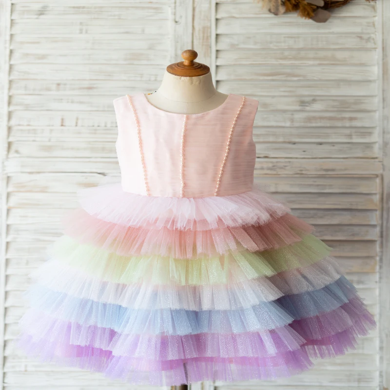 

Rainbow Glittering Tulle Wedding Flower Girl Dress Cupcake Kids Party Dress