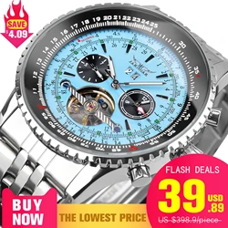 Jaragar Mens Automatic Mechanical Watch Fashion Tourbillon Blue Dial Date Display Stainless Steel Strap Military Sport Watches