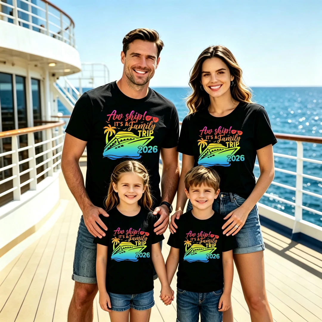 Funny Ship Trip Family Matching Outfits Cotton Short Sleeve Mom Dad Kids Baby Romper Clothes Family Look Travel T-shirt