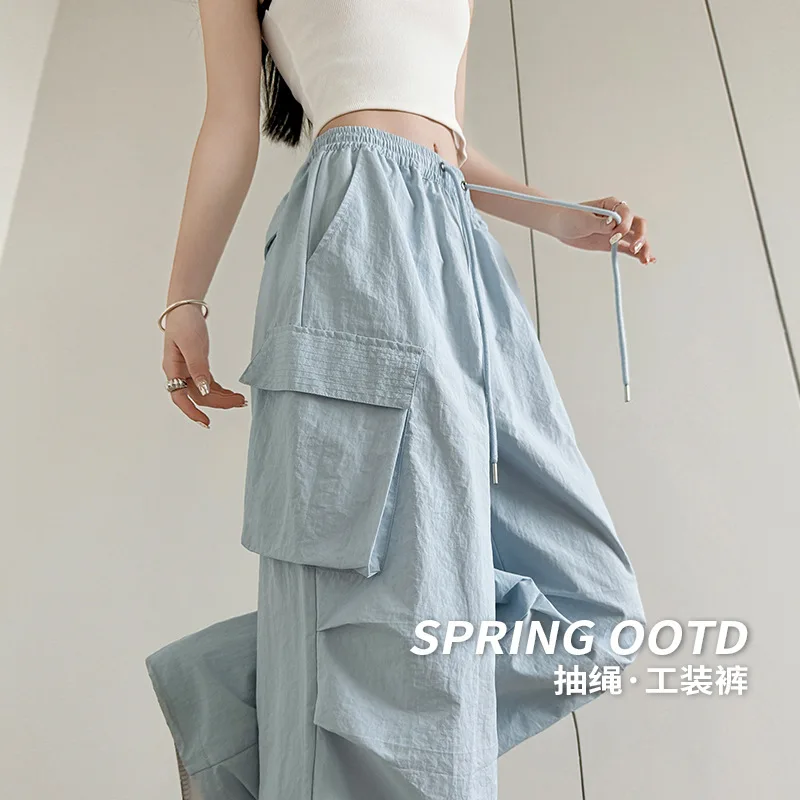 

Женские брюки-карго десантника в американском стиле, летние тонкие спортивные брюки прямого кроя с высокой талией, утягивающие карманные брюки Qu