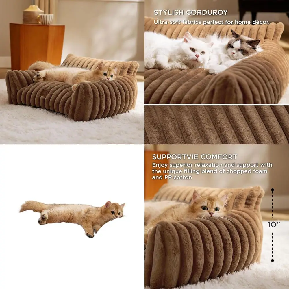

Премиальный вельветовый флисовый диван-лежанка для кошек, 24-дюймовый, с моющимся чехлом, пушистый диван-кровать для домашних животных, цвет кэмел-коричневый