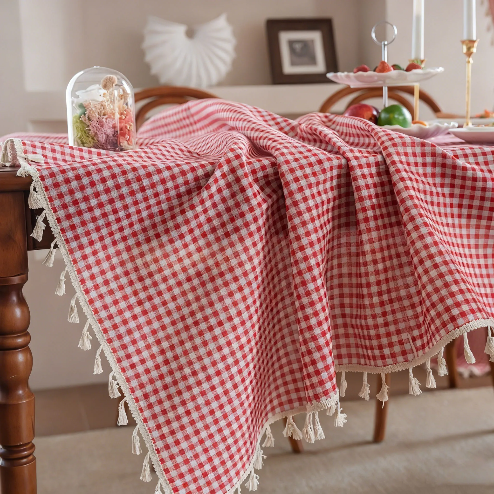 Cotton Linen Tablecloth,Stitching Tassel for Kitchen Dining  Tabletop Decortion Tea Party Wedding Farmhouse Rectangle Tablecloth