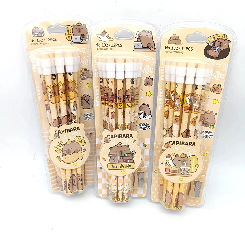 12-Piece Cute Cartoon Capybara HB Pencil Set With Pencil Sharpener – Ideal Stationery Gift For School Students