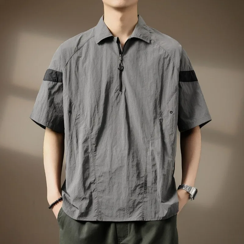 

2026 Summer New Quick Drying Outdoor Sports Half Zip Polo Shirt T-shirt for Men Fashion Casual Loose Short Sleeved T-shirt Tops