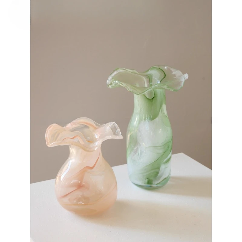 

French retro atmosphere, wave concave and convex, colored cloud mist glazed glass vase, handmade fresh flower arrangement, water