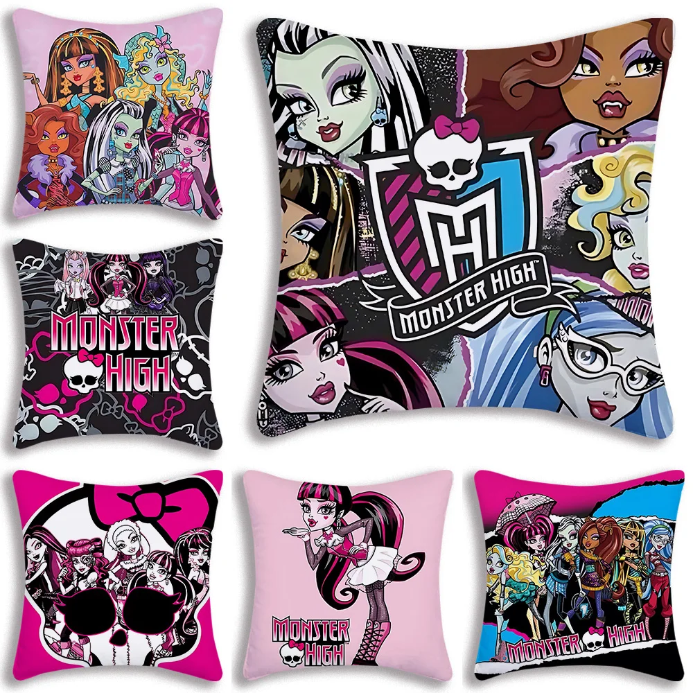 Pillow Covers Cartoon M-Monster Highs Fashion Girl Sofa Decorative Home Double-sided Printing Short Plush Cute Cushion Cover