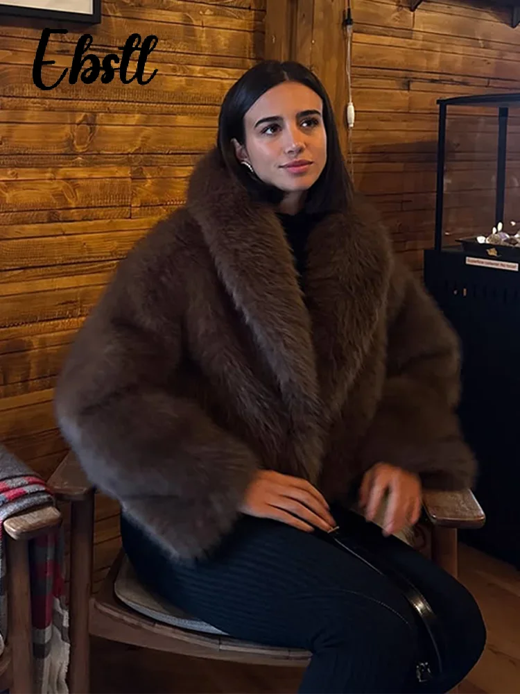 الصلبة البني رقيق الفراء معاطف النساء Vintage التلبيب كم طويل رشاقته الدافئة سترة 2025 الخريف الشتاء جديد الإناث شيك فضفاض أبلى